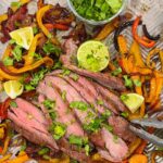 Flank steak fajitas on a sheet pan